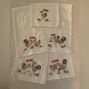Vintage Hand Embroidered Chicken Design Flour Sack Kitchen Towels Set Of 5